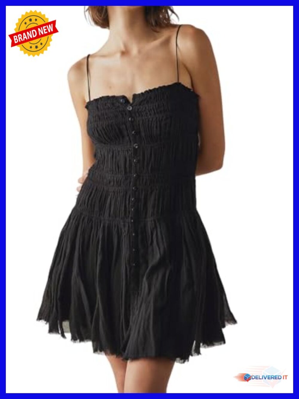 100% Cotton Spaghetti Strap Ruched Button Mini Dress